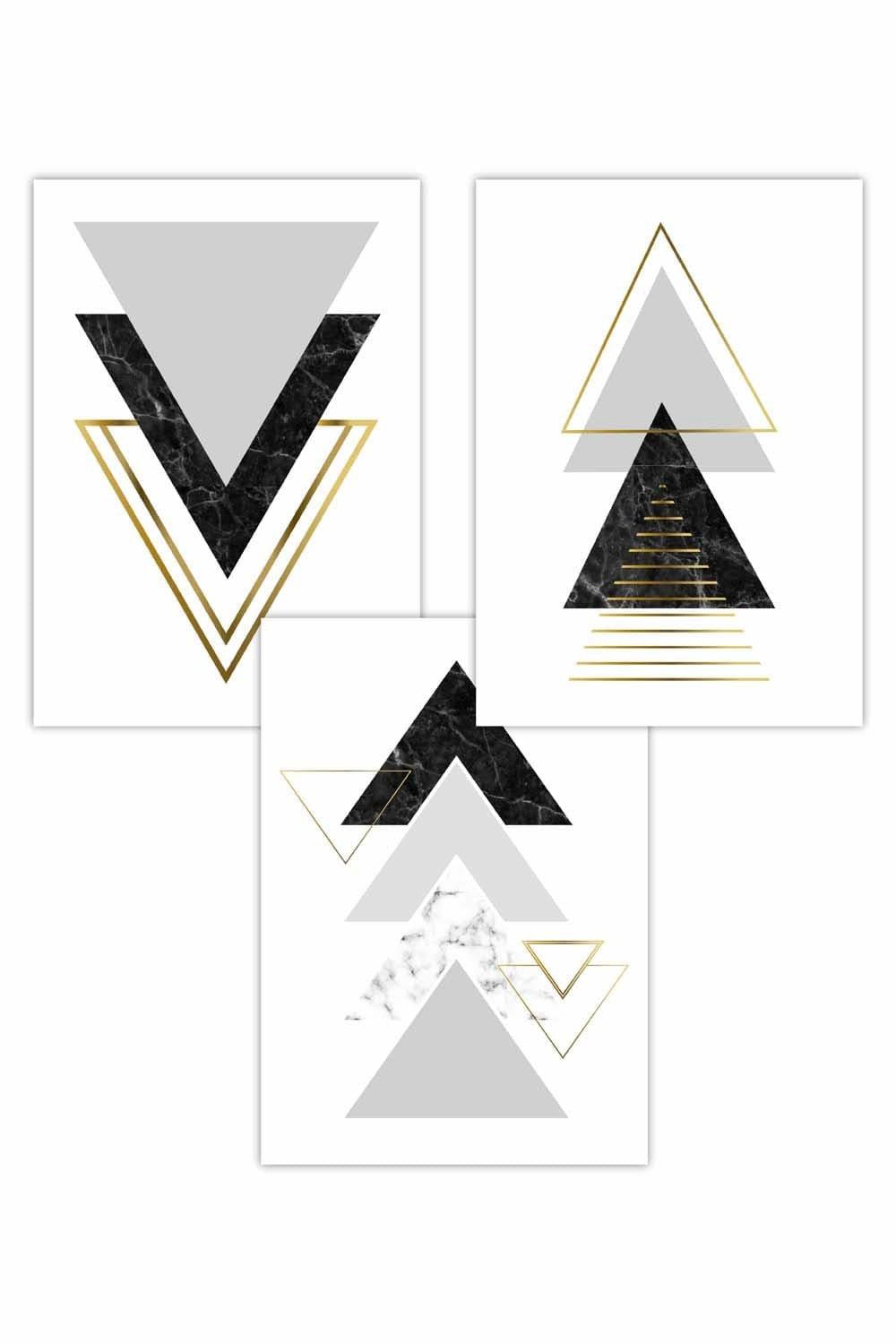 Set of 3 Black Grey Geometric Triangle Set Art Posters